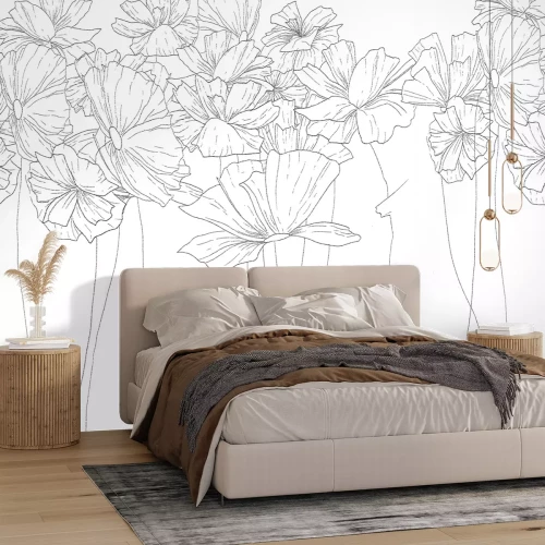 Papier peint  Fleurs sauvages esquissées sur fond blanc