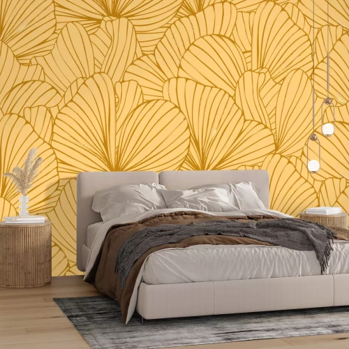 Papier peint  Croquis de feuilles sur fond jaune
