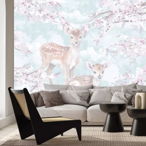 Papier peint  Cerfs avec des fleurs de cerisier sur fond de nuages