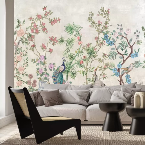 Papier peint  Arbres avec des fleurs parmi les oiseaux