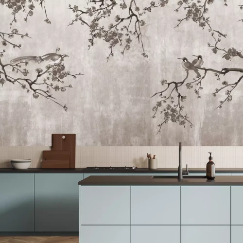 Papier peint  Fleurs de cerisier avec des oiseaux sur béton gris