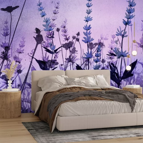 Papier peint  Prairie avec des fleurs de lavande roses