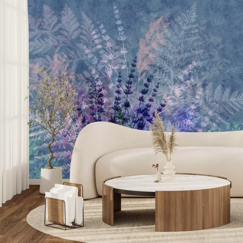 Papier peint  Feuilles de fougère colorées avec de la lavande