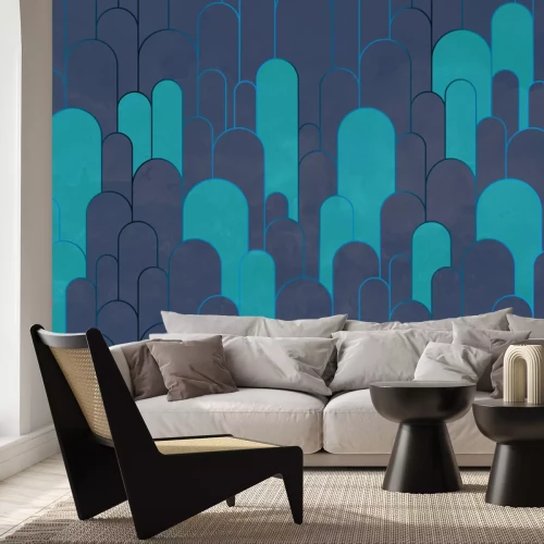 Papier peint  Arches beige et orange avec ornement doré