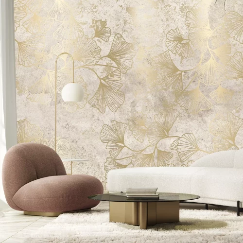 Papier peint  Feuilles de ginkgo avec décoration dorée