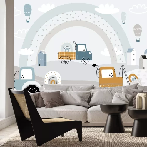 Papier peint  Tracteur sur des collines avec une pelleteuse et des nuages