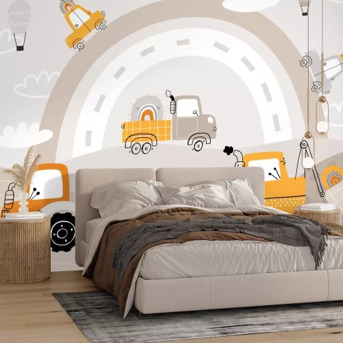 Papier peint  Voitures et tracteur sur fond arc-en-ciel