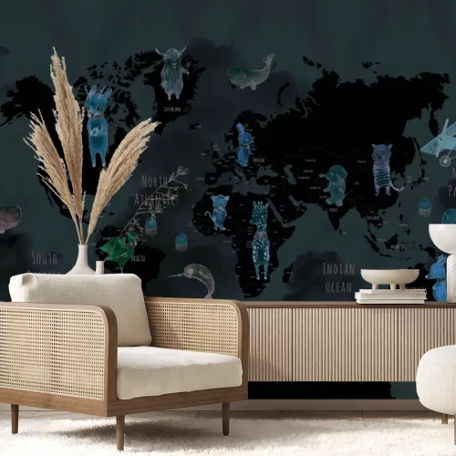 Papier peint  Carte du monde avec des avions et des animaux