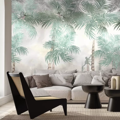 Papier peint  Jungle avec des palmiers exotiques et des singes