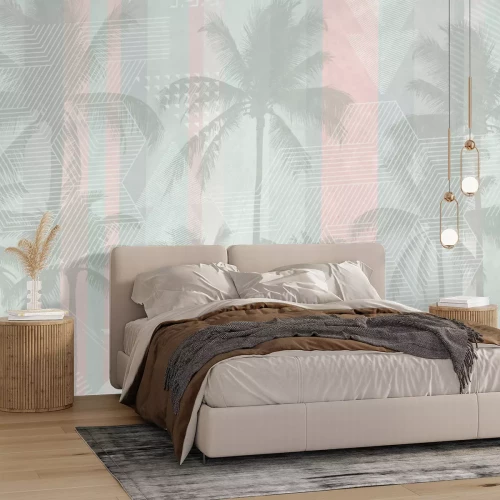 Papier peint  Palmiers gris sur un mur à rayures