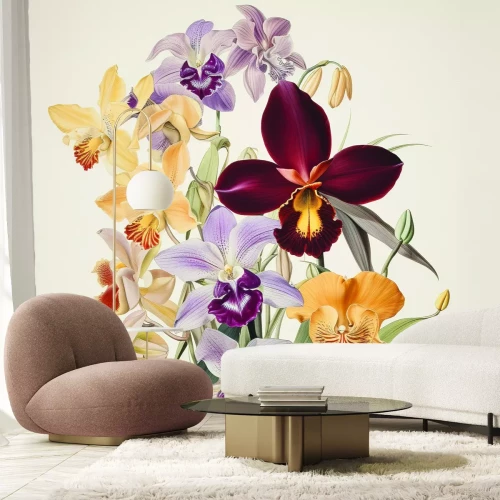 Papier peint  Fleurs d'orchidée colorées sur fond clair
