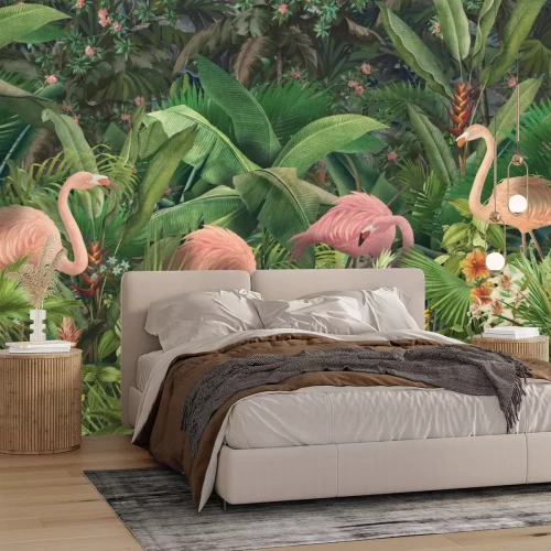 Papier peint  Flamants avec des feuilles et des fleurs tropicales