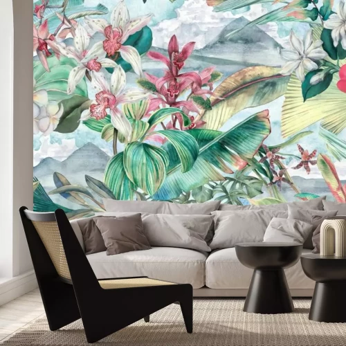 Papier peint  Orchidées colorées avec des feuilles de monstera
