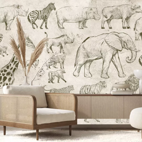 Papier peint  Animaux de safari sur un fond en baguettes