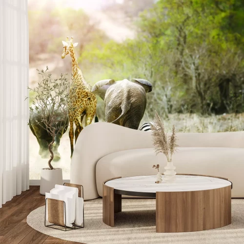 Papier peint  Éléphants marchant avec une girafe et un zèbre