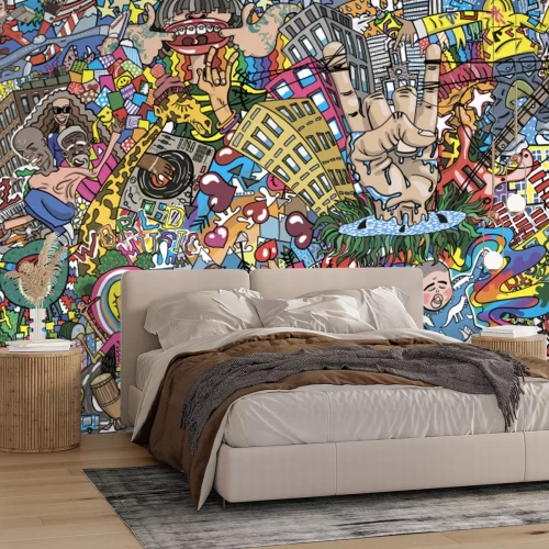 Papier peint  Motifs colorés de bâtiments et de personnes