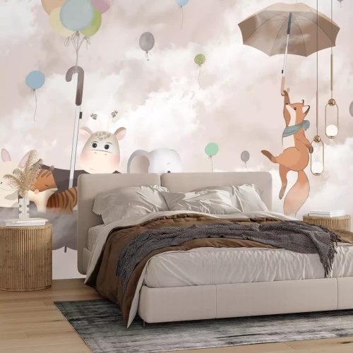 Papier peint  Renard avec une girafe et un éléphant sur un parapluie dans les nuages