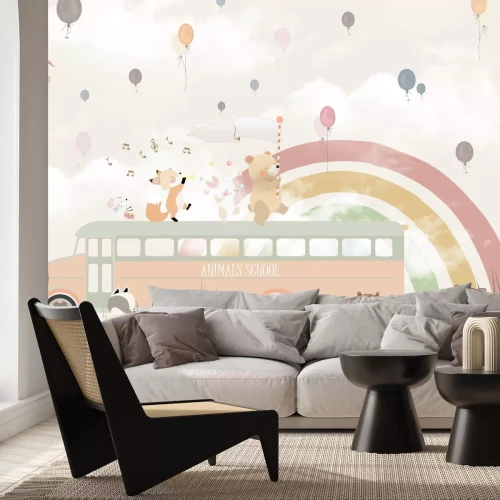 Papier peint  Bus scolaire avec des animaux sur un fond d’arc-en-ciel