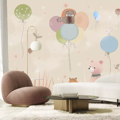 Papier peint  Animaux dans la prairie avec des ballons volants