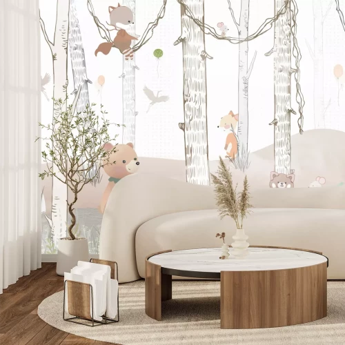 Papier peint  Forêt pour enfants avec un éléphant et un renard