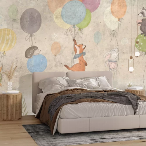 Papier peint  Renard et lièvre tenant des ballons