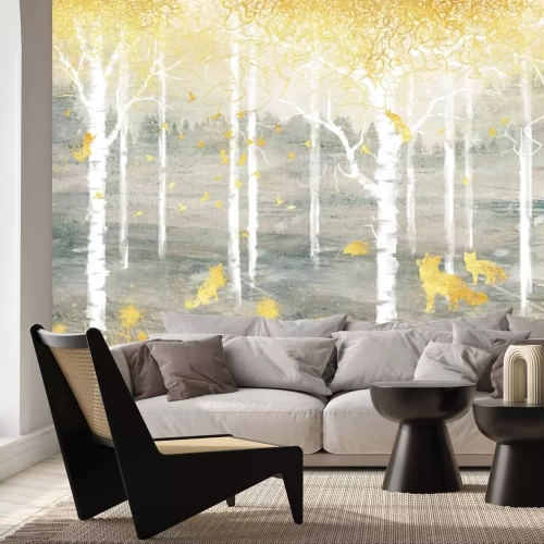 Papier peint  Forêt abstraite avec des renards dorés