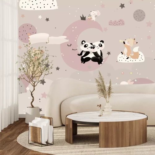 Papier peint  Pandas assis sur la lune et un renard sur un nuage