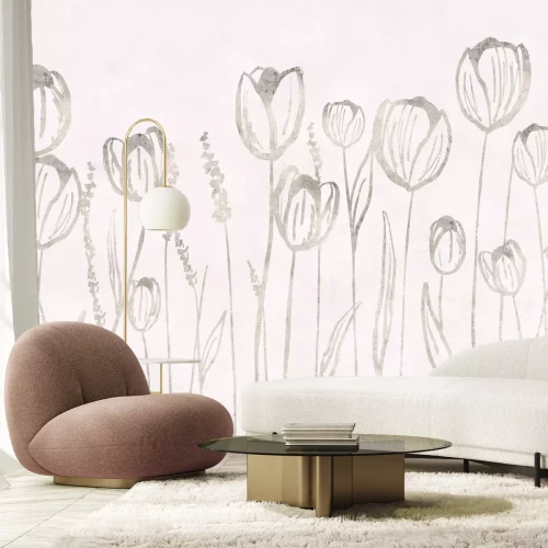 Papier peint  Abstraction d’une prairie beige avec des tulipes
