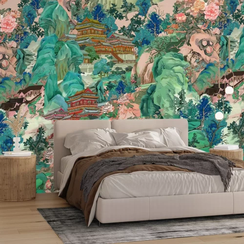 Papier peint  Bâtiments japonais parmi les montagnes et les arbres