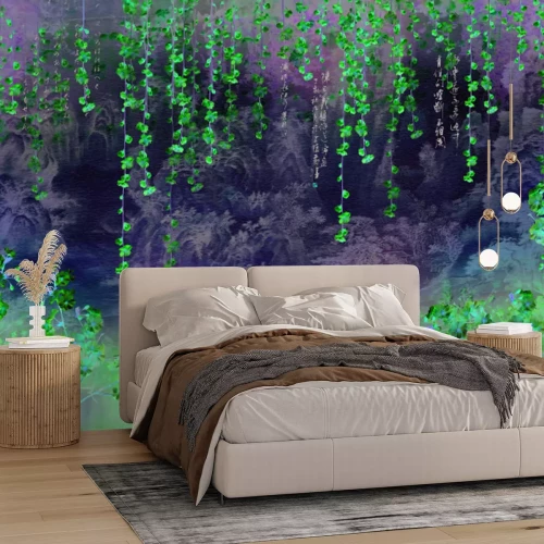 Papier peint  Fleurs de cerisier suspendues sur un fond de forêt