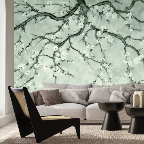 Papier peint  Branches avec des fleurs de cerisier en tons gris