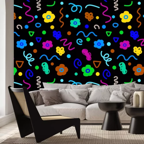 Papier peint  Motif enfantin avec des fleurs et des formes