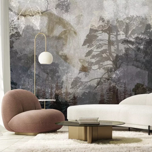 Papier peint  Chevaux sur fond de paysage forestier