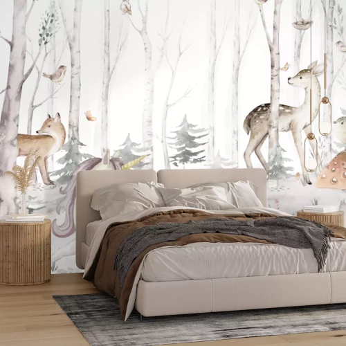 Papier peint  Licorne et petits animaux dans une forêt en aquarelle