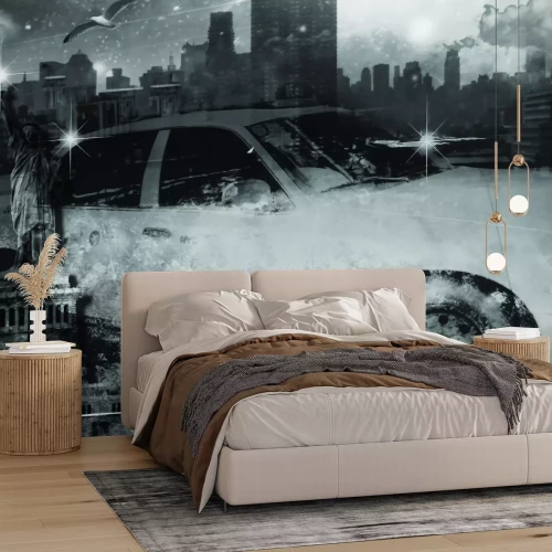 Papier peint  Taxi en noir et blanc et la Statue de la Liberté