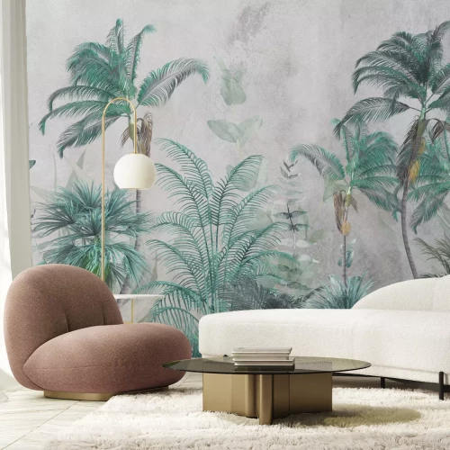Papier peint  Végétation verte de la jungle sur béton