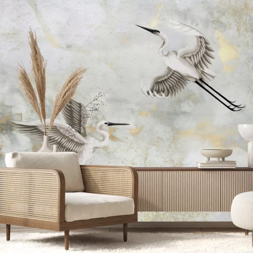 Papier peint  Hérons en vol sur un fond effet marbre