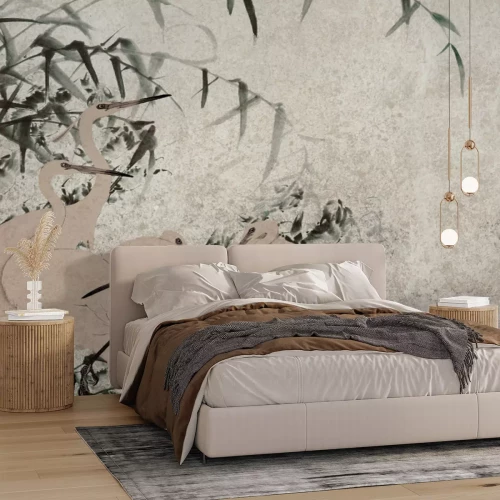 Papier peint  Hérons et bambous sur un fond à la texture délicate