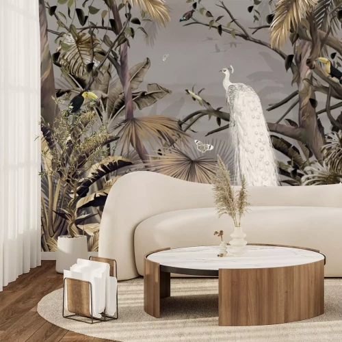 Papier peint  Paon blanc toucans et papillons dans la jungle tropicale