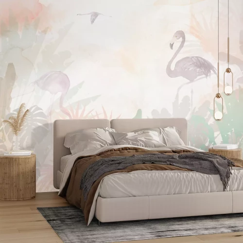 Papier peint  Flamants roses et feuilles tropicales aux couleurs pastel