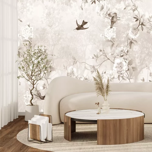 Papier peint  Motif botanique avec des oiseaux et des arbres