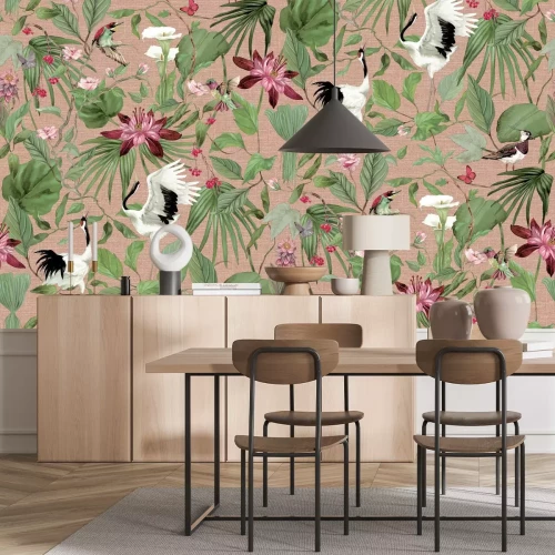 Papier peint  Oiseaux exotiques parmi les feuilles vertes et les fleurs