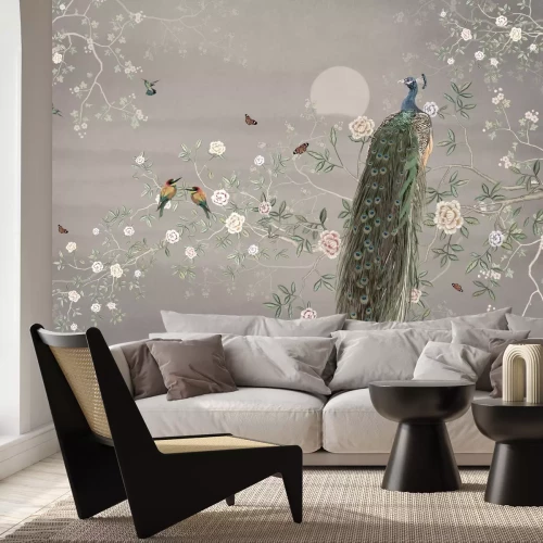 Papier peint  Paon et colibris parmi les fleurs en fleurs sur une branche d’arbre