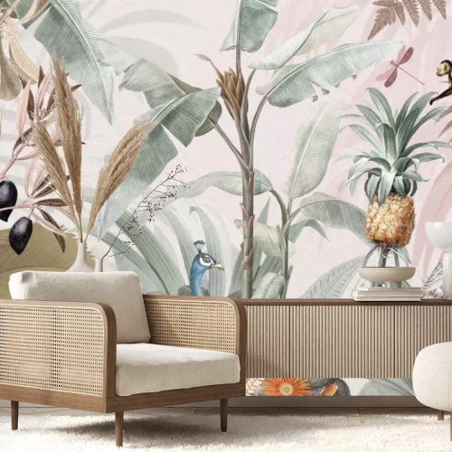 Papier peint  Animaux parmi les plantes tropicales paysage aquarelle