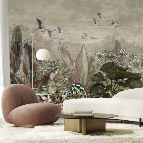 Papier peint  Plantes tropicales et oiseaux exotiques en style aquarelle