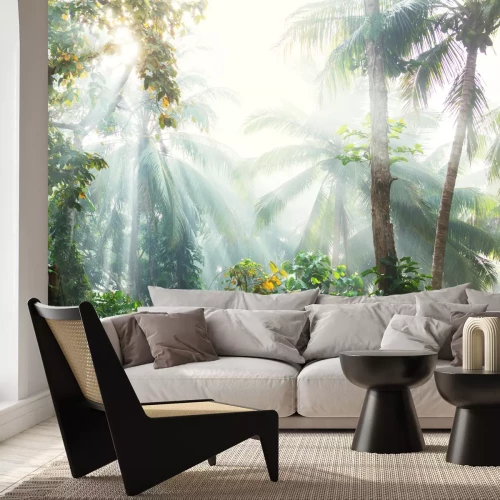 Papier peint  Paysage ensoleillé palmiers dans la jungle tropicale