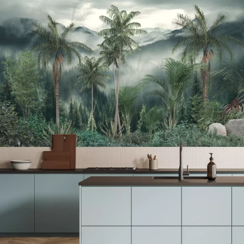 Papier peint  Palmiers et conifères dans un paysage tropical vert