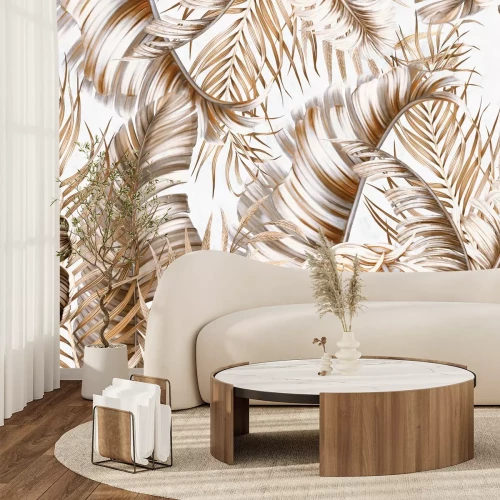 Papier peint  Feuilles tropicales beiges et brunes sur fond blanc