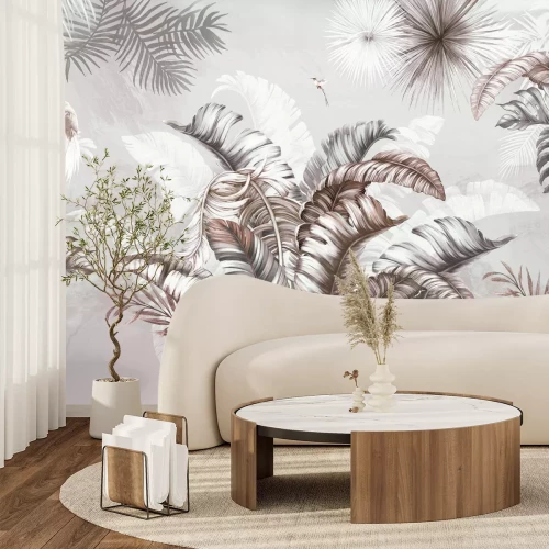 Papier peint  Grandes feuilles tropicales et oiseaux sur un fond à la texture subtile