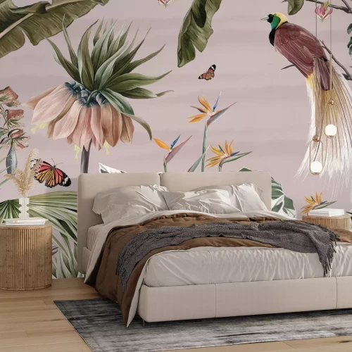 Papier peint  Paysage tropical plantes et oiseaux exotiques